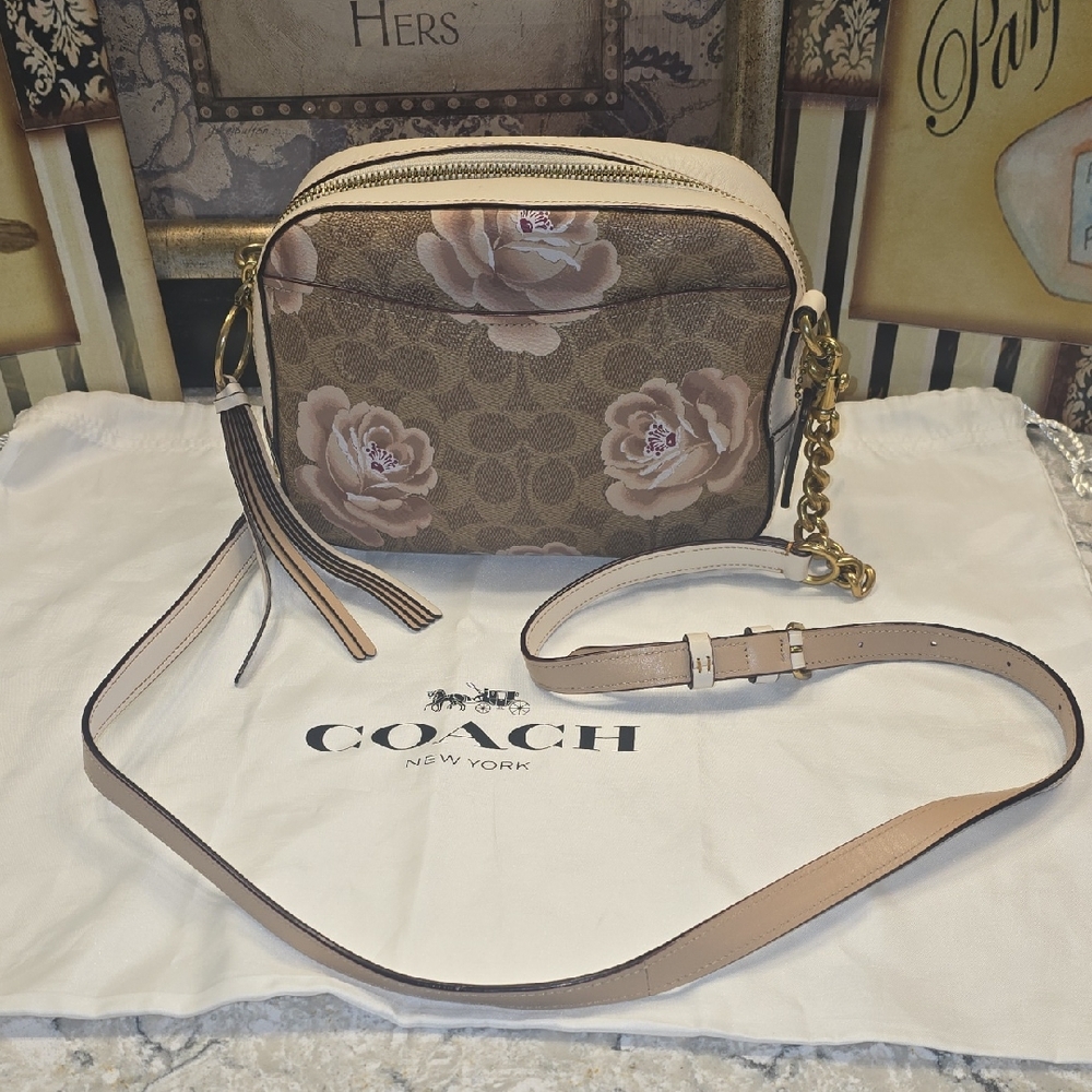 NWOT- Coach Camera Crossbody Brown and Creamy Pink Floral Bag